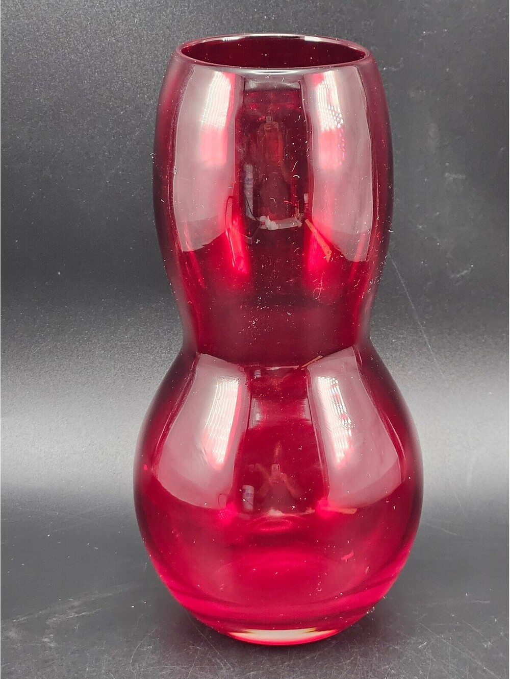 Vintage Mid-Century Modern Ruby Red Hand-Blown Art Glass Double Gourd Vase 9"